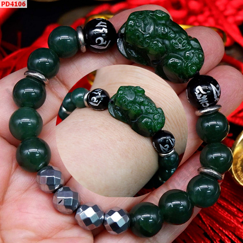 PD4106 สร้อยข้อมือปี่เซียะหินหยกสีเขียวเข้ม+คาถาทิเบต ราคา 499 บาท http://ww2.hengmark.com/view_product/PD4106.htm